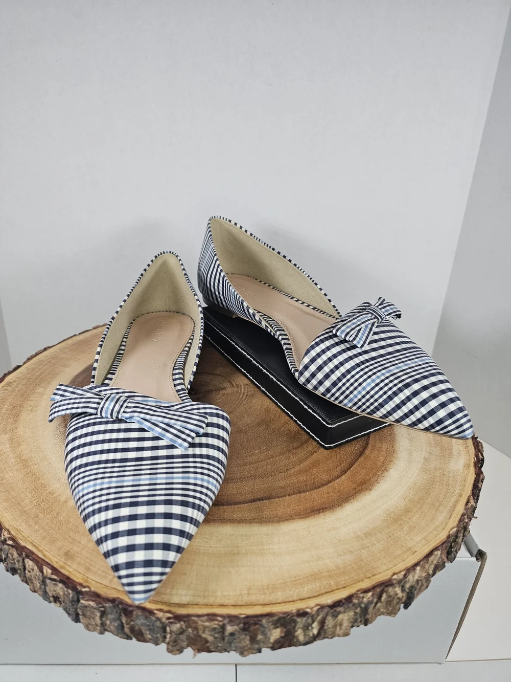 J. Crew Navy and White Gingham Pointed-Toe Flats with Bow